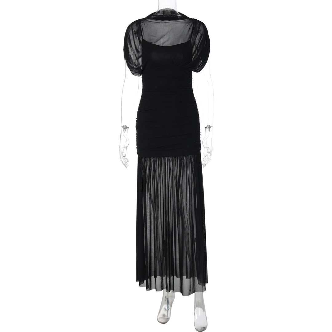 Damen Maxi-Kleid mit transparenten Puffärmeln und elegantem Raffungseffekt EB