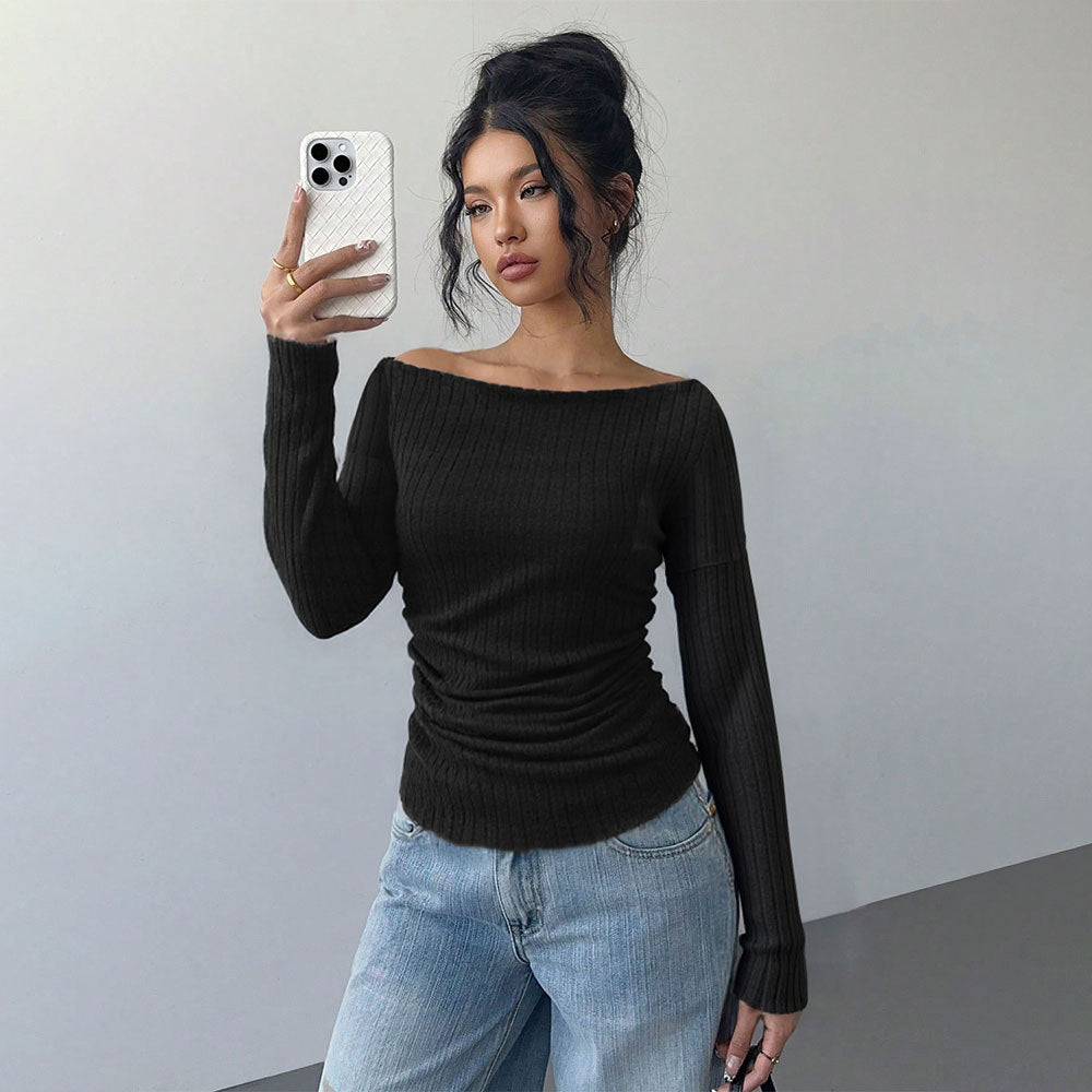 Damen schulterfreies geripptes Langarmshirt mit taillierter Raffung und figurbetontem Stretch Eichborn Berlin