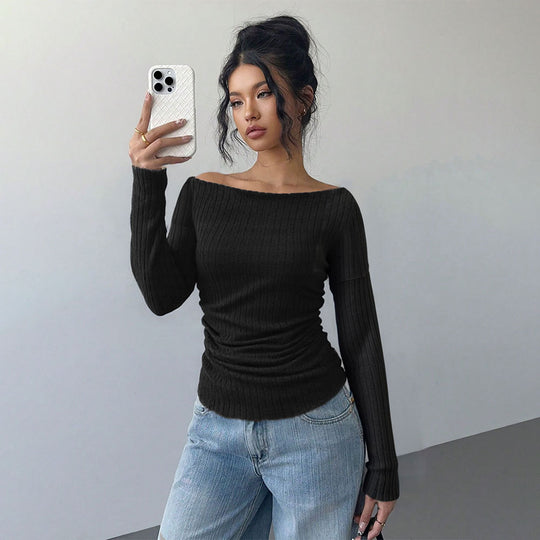 Damen schulterfreies geripptes Langarmshirt mit taillierter Raffung und figurbetontem Stretch Eichborn Berlin