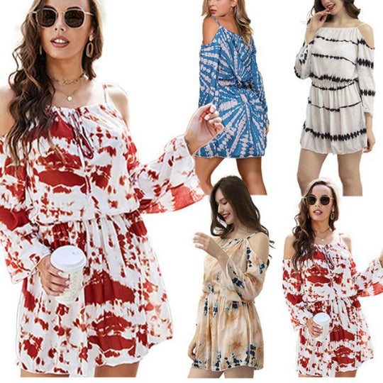 Damen Freizeitkleid mit schulterfreiem Design und Boho-Grafik EB