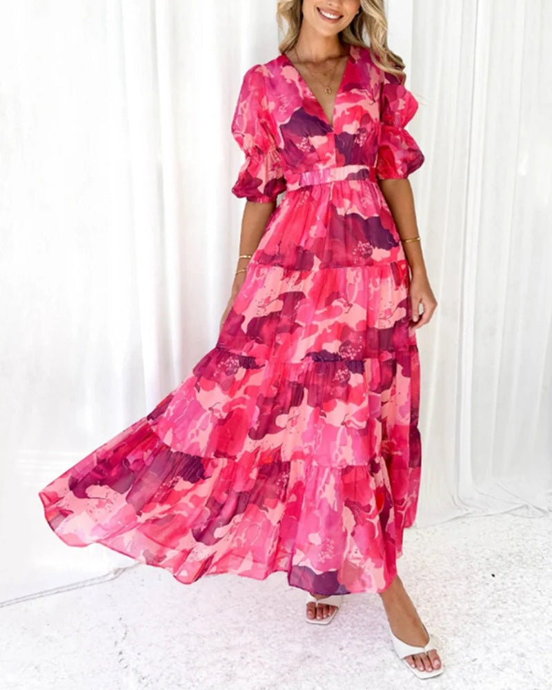 Damen Maxikleid mit voluminösen Puffärmeln und fließendem Rock Heidi-Mode