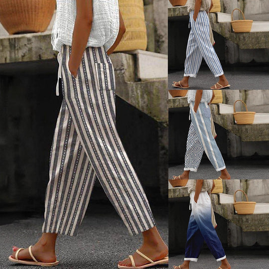 Damen Weite Leinenhose mit handgewebtem Muster EB