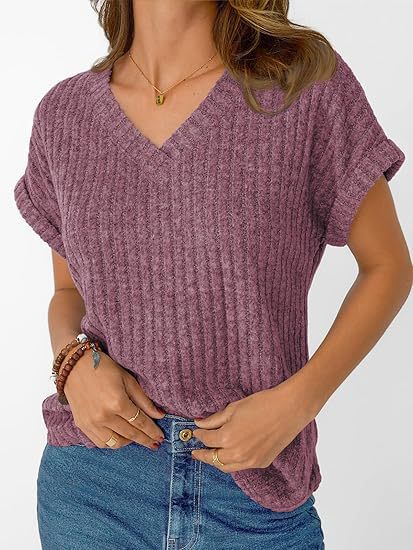 Damen lässiges V-Ausschnitt T-Shirt mit Streifenstruktur EB