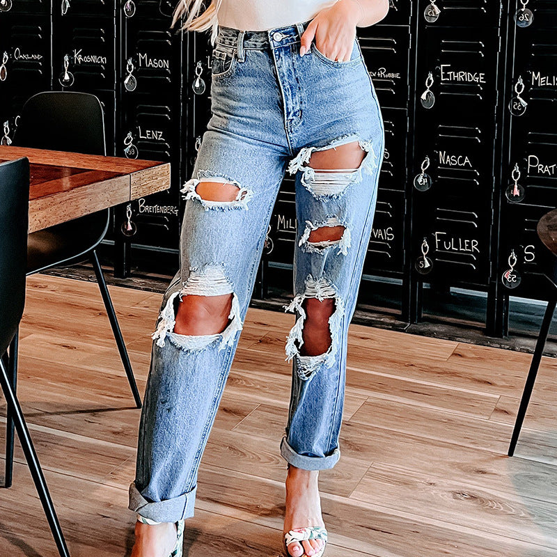 Damen Destroyed Boyfriend Jeans im lässigen Schnitt mit hohem Bund EB