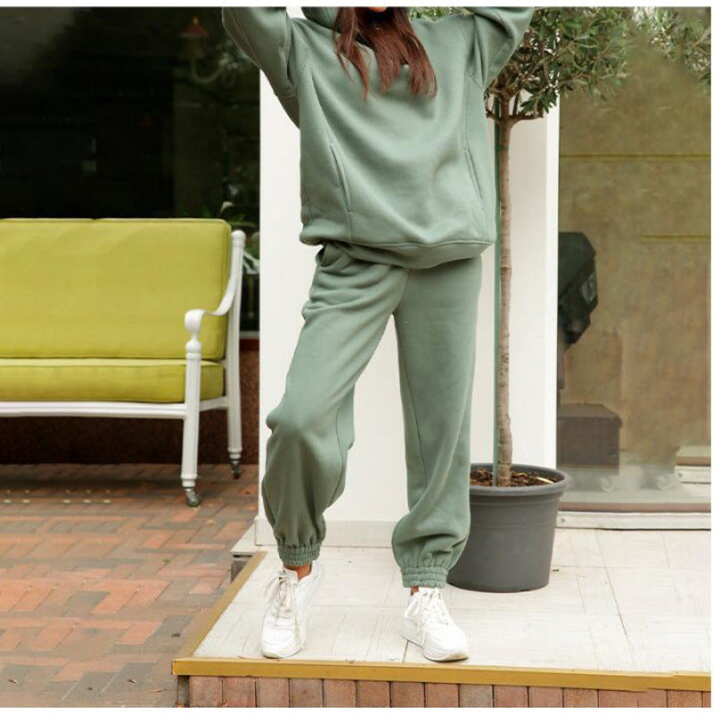 Damen Oversize-Kapuzen-Sweatshirt und Jogginghose Set mit Fleece-Innenseite und elastischen Bündchen EB