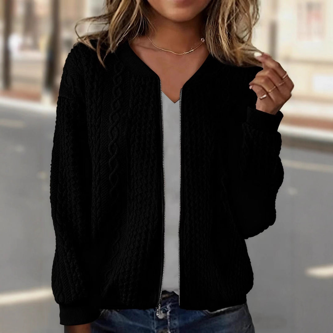 Damen Strick-Bomberjacke mit Zipper und Zopfmuster EB