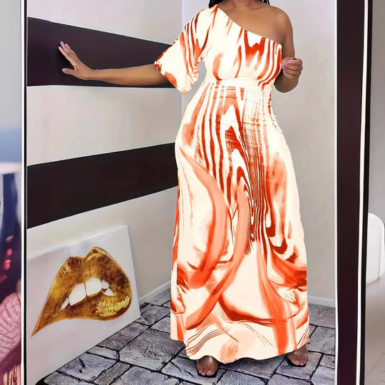 Damen Maxikleid mit asymmetrischem Ausschnitt und modernem Wellenmuster EB