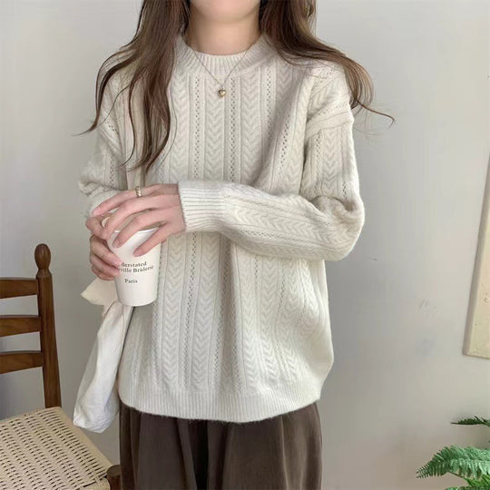 Damen Grobstrickpullover mit modernem Zopfmuster und hohem Rundhalsausschnitt EB