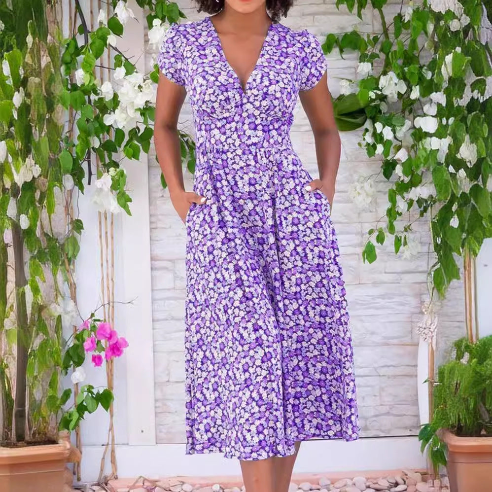Damen Maxi-Kleid mit floralen Mustern und Taschen EB