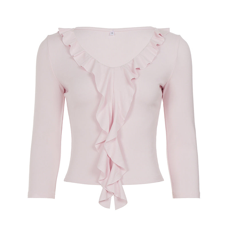 Damen nan tailliertes Langarmshirt mit tiefem V-Ausschnitt und eingesetzter Volant-Rüsche EB