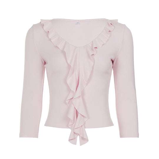 Damen nan tailliertes Langarmshirt mit tiefem V-Ausschnitt und eingesetzter Volant-Rüsche EB