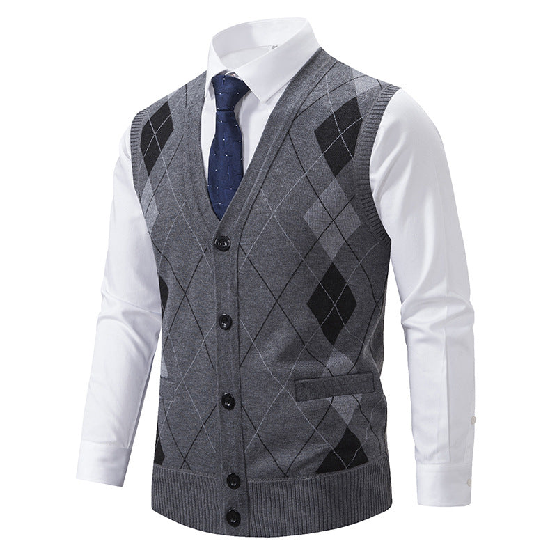 Herren nan ärmellose Strickweste mit Argyle-Muster, Teddyfutter und durchgehender Knopfleiste EB
