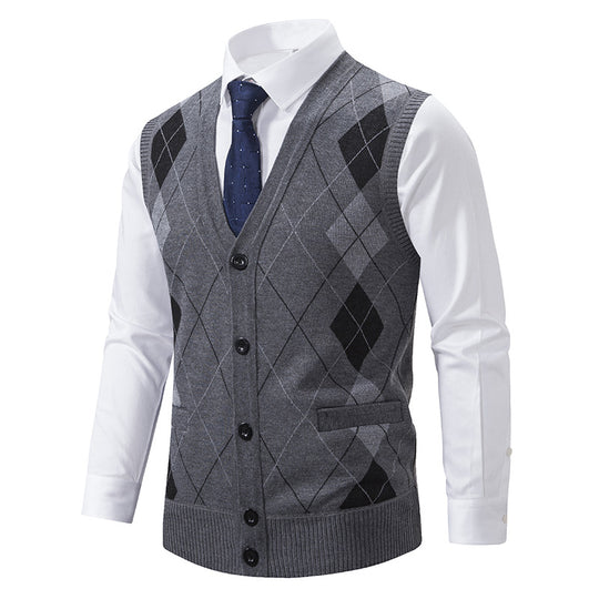 Herren nan ärmellose Strickweste mit Argyle-Muster, Teddyfutter und durchgehender Knopfleiste EB