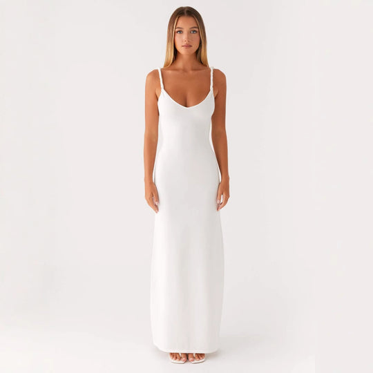 Damen Elegantes Maxirockkleid mit tiefem V-Ausschnitt und feinen Trägern EB