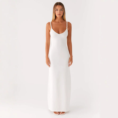 Damen Elegantes Maxirockkleid mit tiefem V-Ausschnitt und feinen Trägern EB