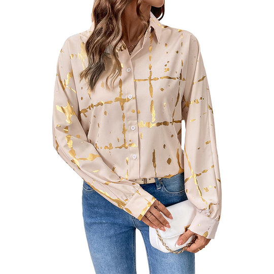 Damen Elegante Langarm-Bluse mit Gold-Folienprint, Hemdkragen und lockerem Schnitt EB