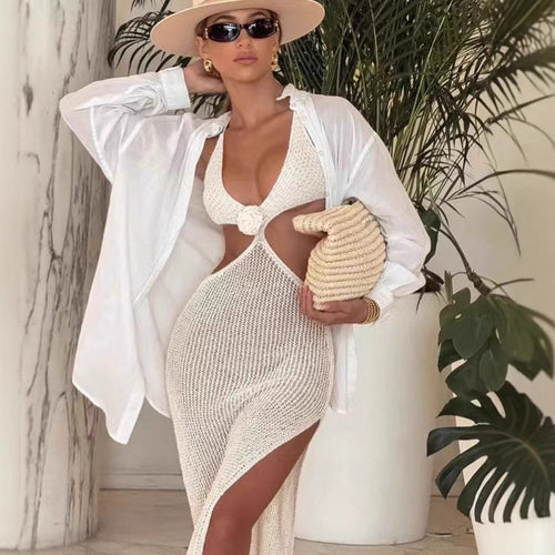 Damen Transparentes Strandkleid mit tiefem V-Ausschnitt EB