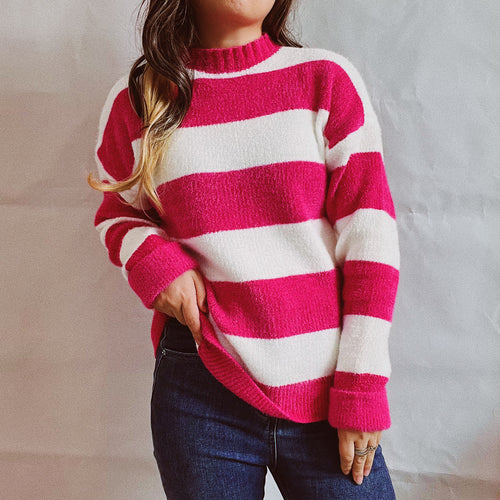 Damen Strickpullover mit modernen Blockstreifen und hohem Kragen EB