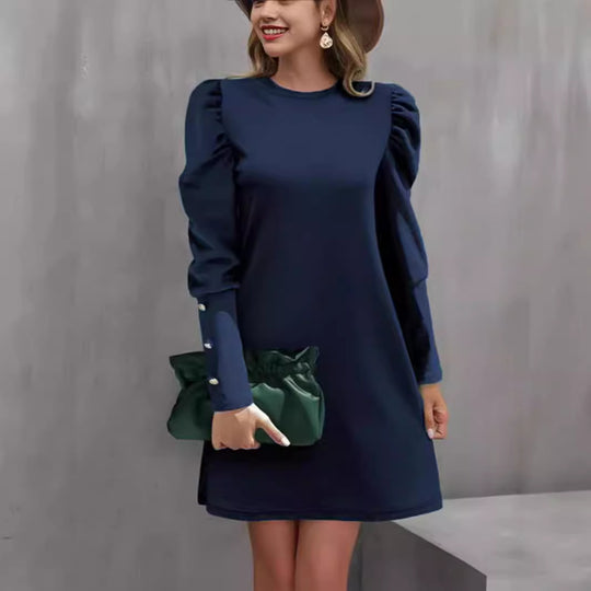 Damen nan elegantes A-Linien Minikleid mit gerafften Puffärmeln und dekorativen Manschettenknöpfen EB