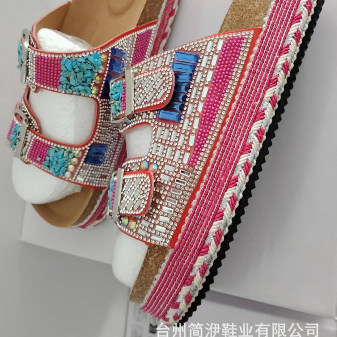 Damen bequeme Sandalen mit dekorativen Steinen und breiten Riemen EB