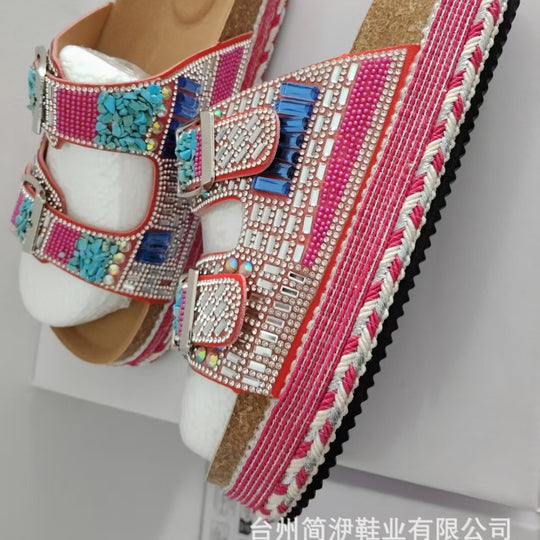 Damen bequeme Sandalen mit dekorativen Steinen und breiten Riemen EB