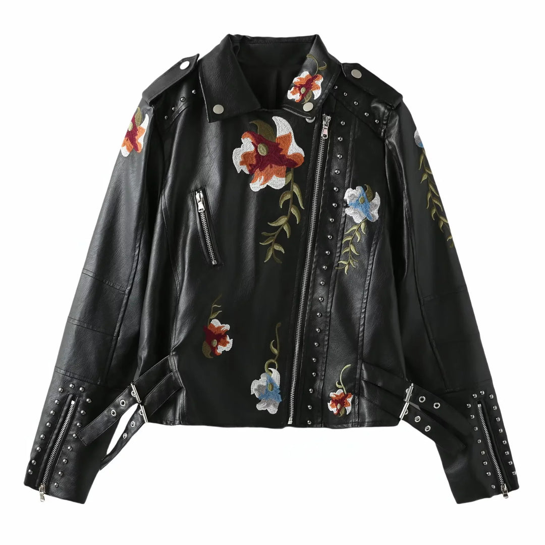 Damen kunstleder Bikerjacke mit floralem Stickdesign und Nietenverzierungen EB