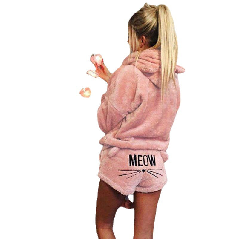 Damen nan kuscheliges zweiteiliges Lounge-Set mit Kapuzenpullover und Shorts mit MEOW-Stickerei EB