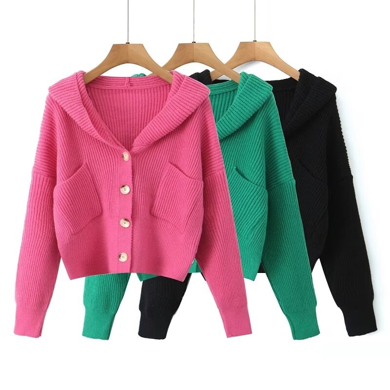 Damen lässige Strickjacke mit Kapuze und praktischen Taschen EB
