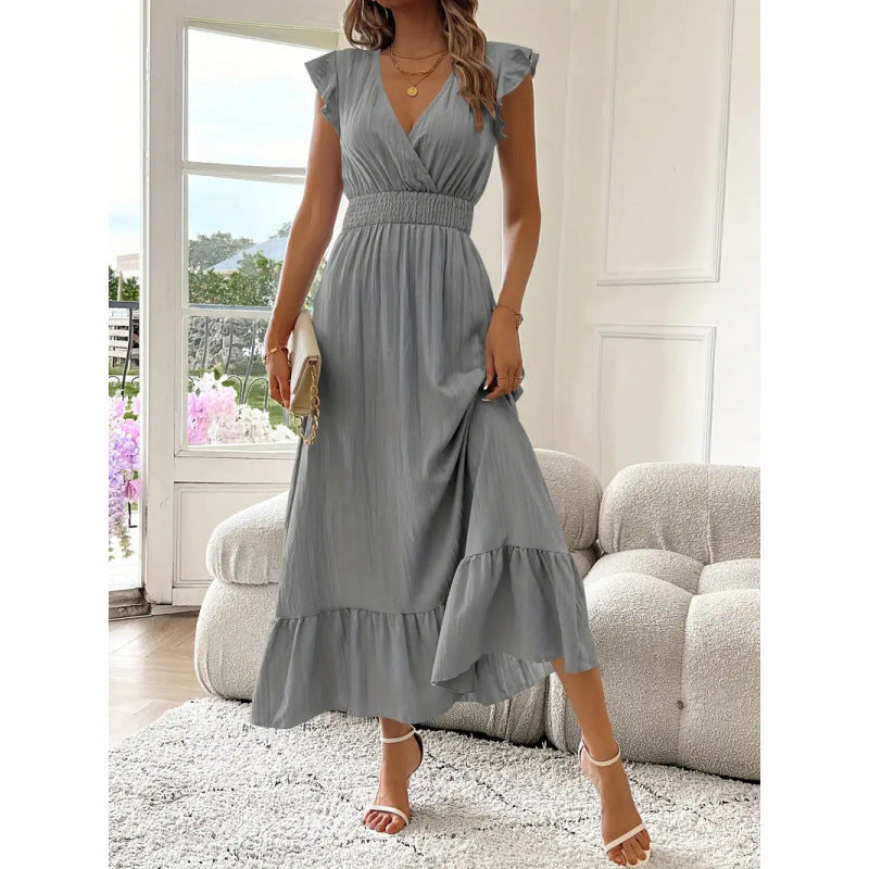 Damen Maxikleid mit voluminösen Rüschenärmel und elegantem Bund EB