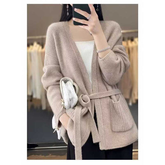 Damen bequeme Strickjacke mit Taillengürtel und Taschen EB
