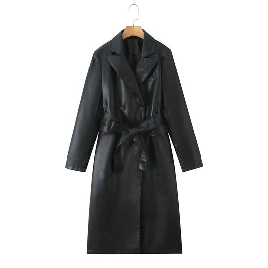 Damen Kunstleder Trenchcoat mit Taillengürtel und eleganter Taschennaht EB