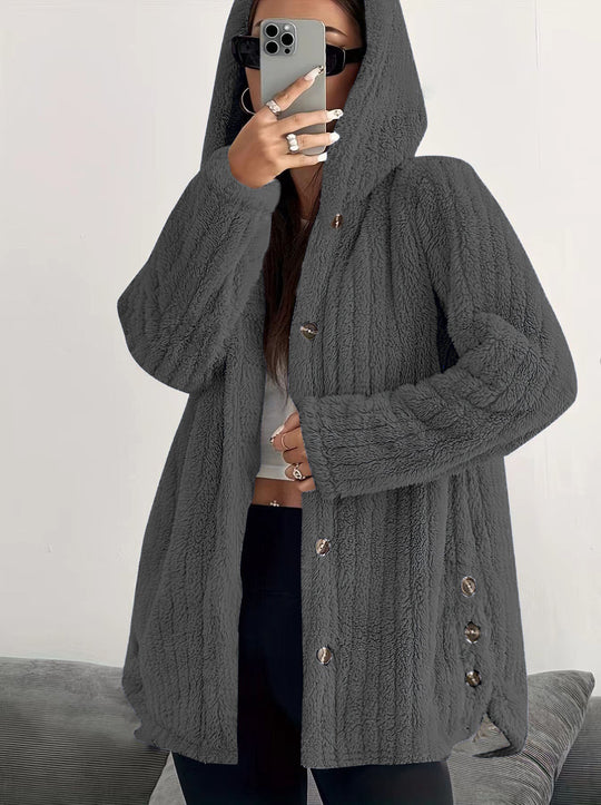 Damen Kuschelige Kapuzenjacke mit Knopfdetails EB