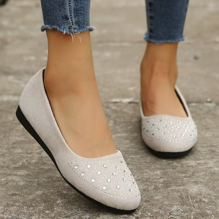 Damen  flache Ballerina-Slipper aus Veloursimitat mit Strassapplikation und gepolsterter Komfortinnensohle EB