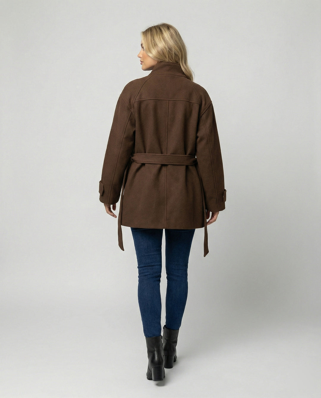 Damen Günstige Strickjacke Damen Slim kurzer Wollmix-Mantel mit Bindegürtel und Stehkragen EB