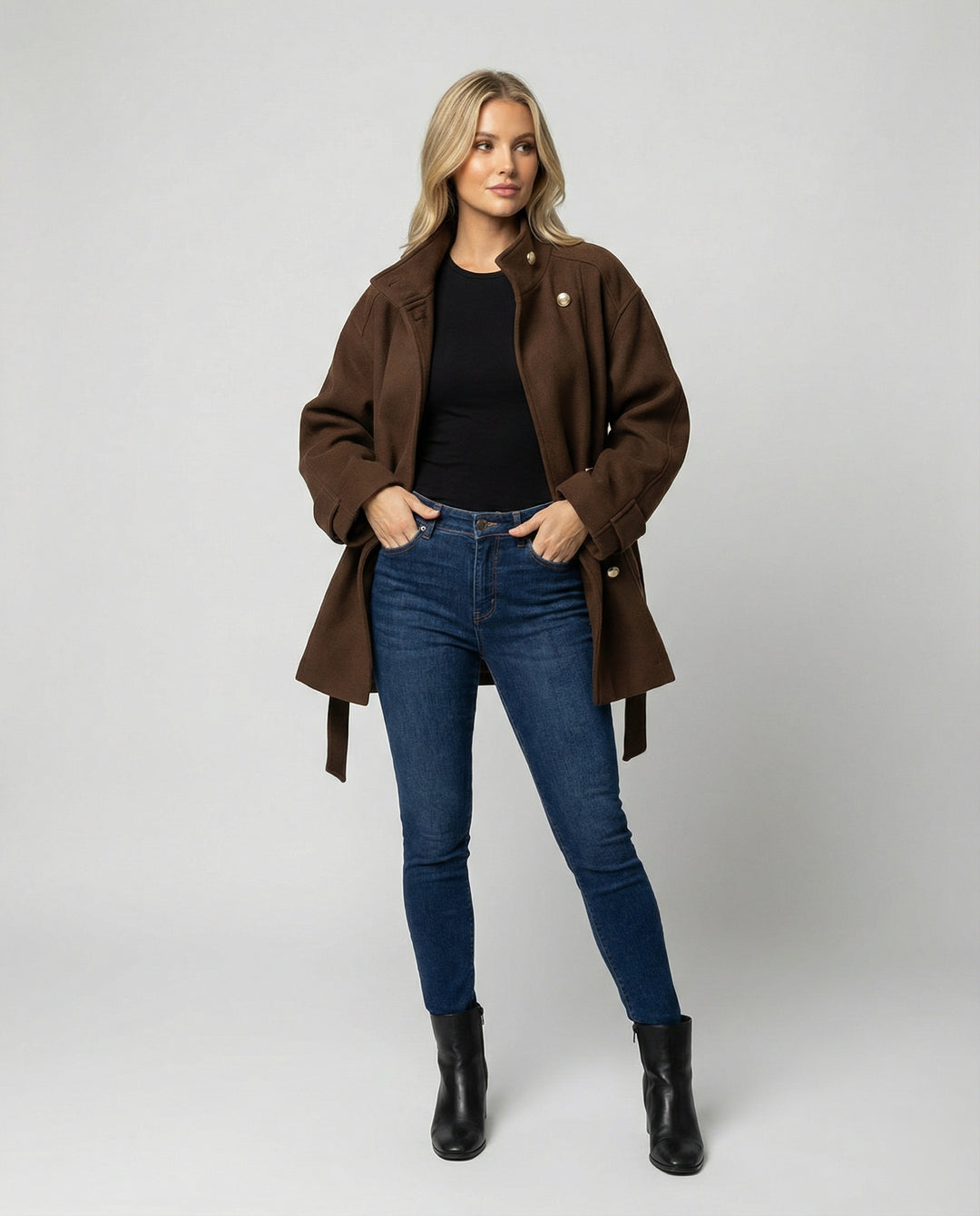 Damen Günstige Strickjacke Damen Slim kurzer Wollmix-Mantel mit Bindegürtel und Stehkragen EB