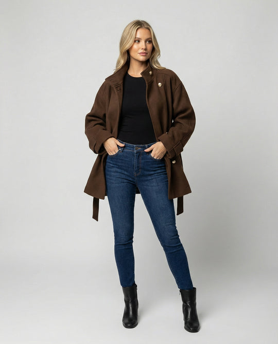 Damen Günstige Strickjacke Damen Slim kurzer Wollmix-Mantel mit Bindegürtel und Stehkragen EB
