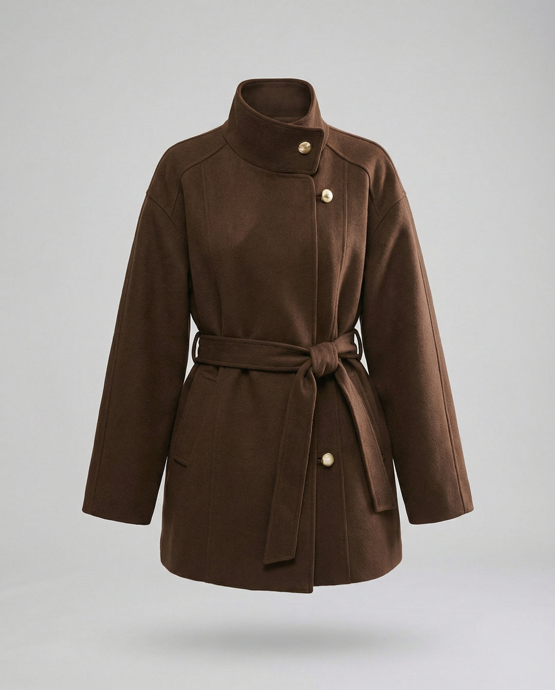 Damen Günstige Strickjacke Damen Slim kurzer Wollmix-Mantel mit Bindegürtel und Stehkragen EB