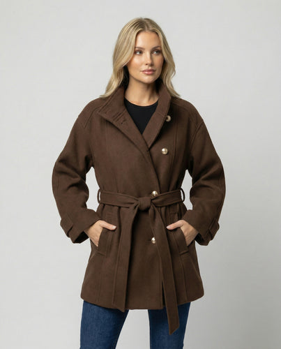 Damen Günstige Strickjacke Damen Slim kurzer Wollmix-Mantel mit Bindegürtel und Stehkragen EB