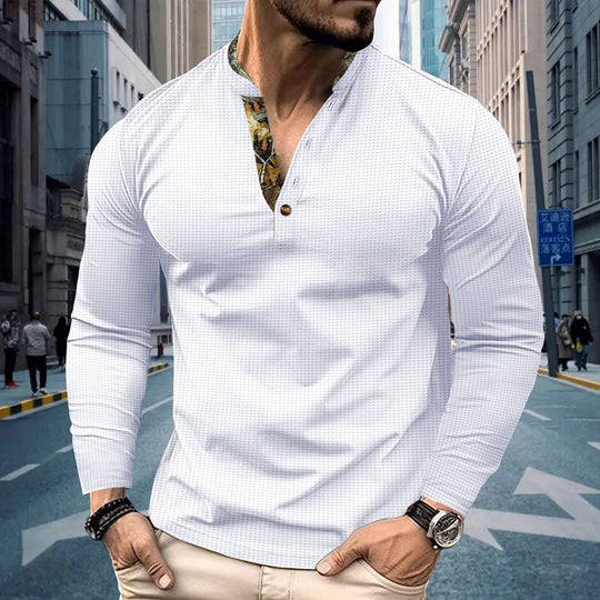 Herren nan langärmeliges Henley-Shirt mit Stehkragen und gemustertem Knopfleistenbesatz EB