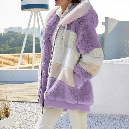 Damen nan Oversize Teddyfell-Kapuzenjacke mit Farbblock-Streifen, hochwertigem Reißverschluss und gerippten Bündchen EB