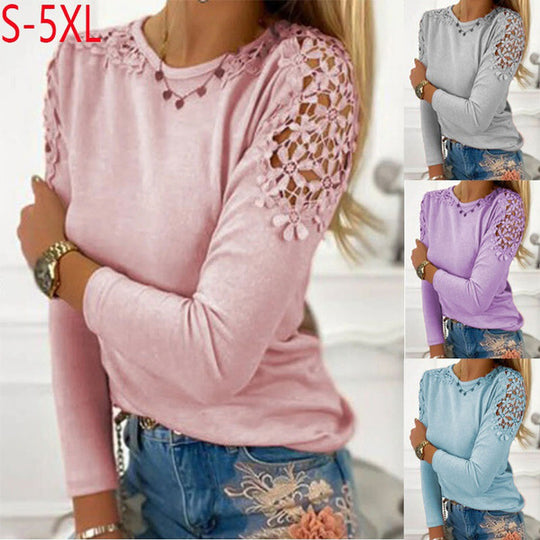 Damen nan langärmeliges Feinstrickshirt mit Häkelspitzen-Schultereinsätzen und Rundhalsausschnitt EB