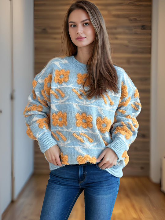 Damen Strickpullover mit floralem Muster und lässigem Schnitt EB