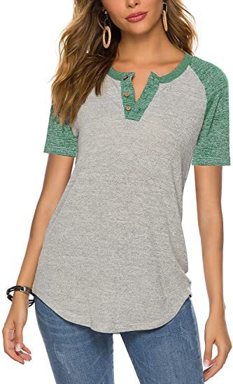 Damen lässiges Kurzarm-Henley-Shirt mit Knopfleiste EB