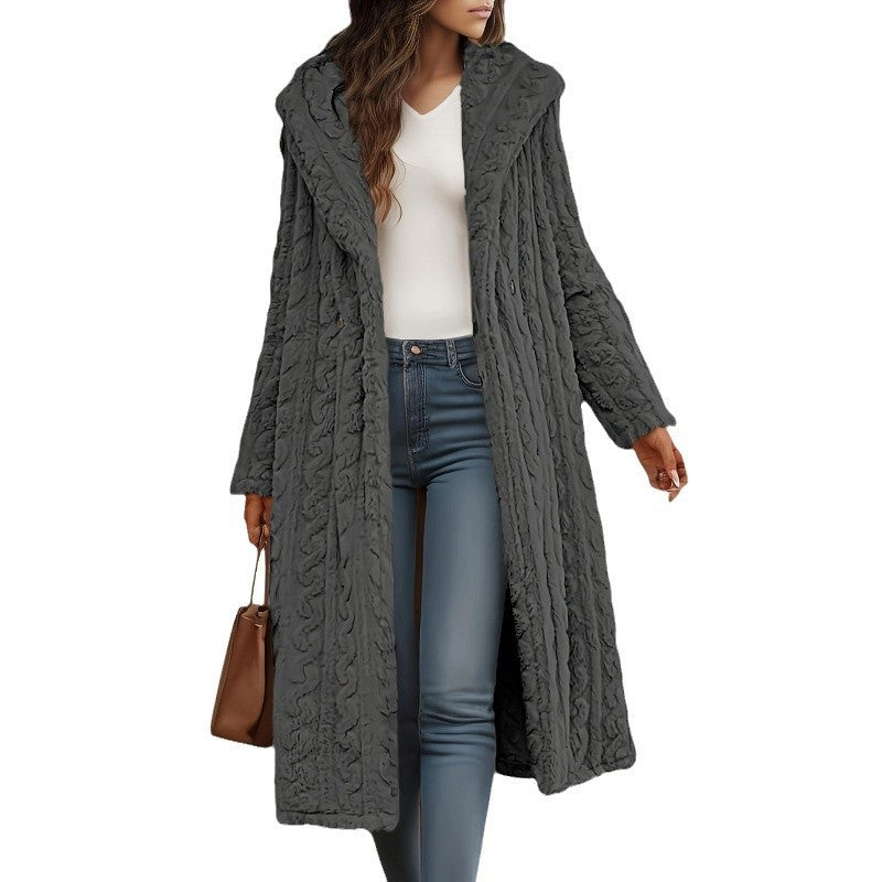 Damen Strickmantel mit Oversized-Kragen und originellen Zopfmuster EB