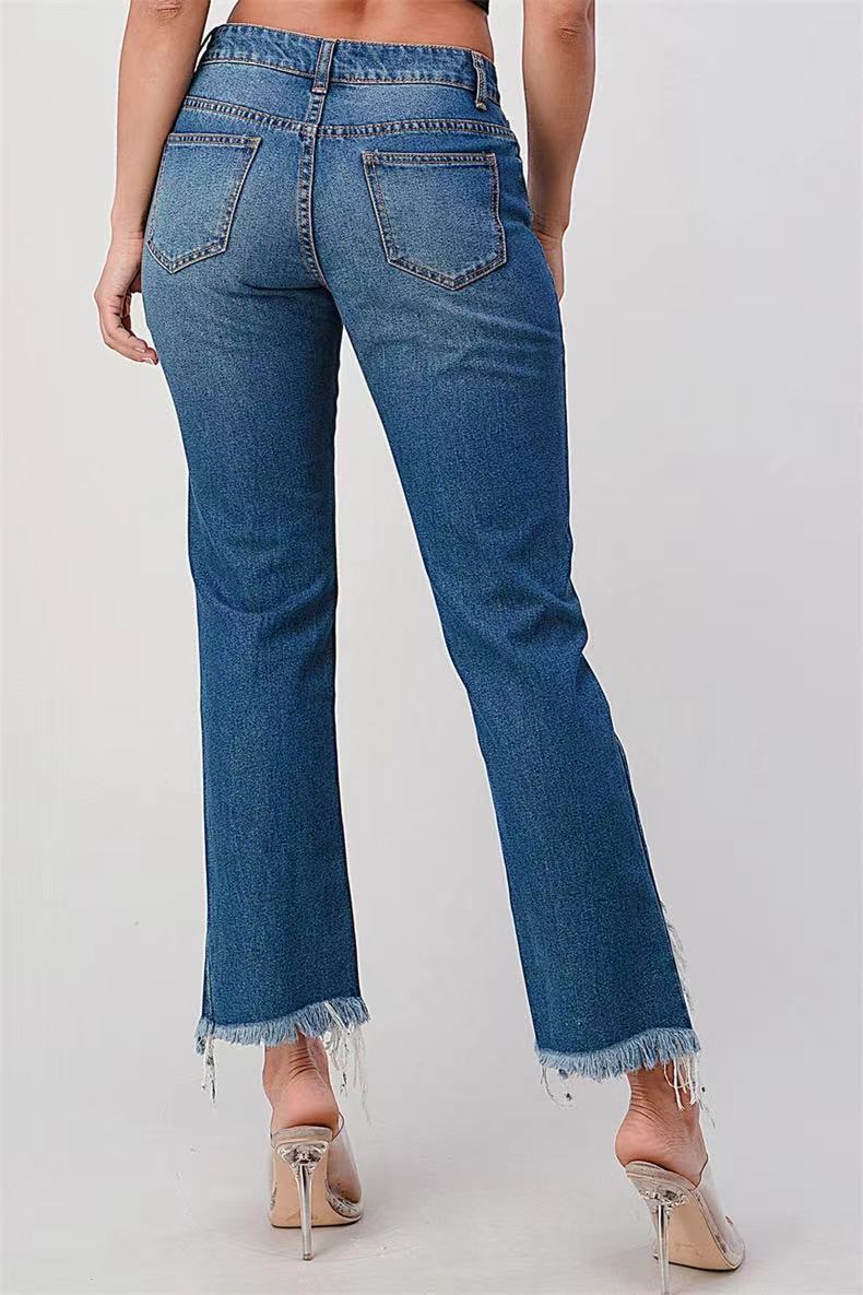 Damen modische Jeans mit Sternen-Design und fransigem Saum EB
