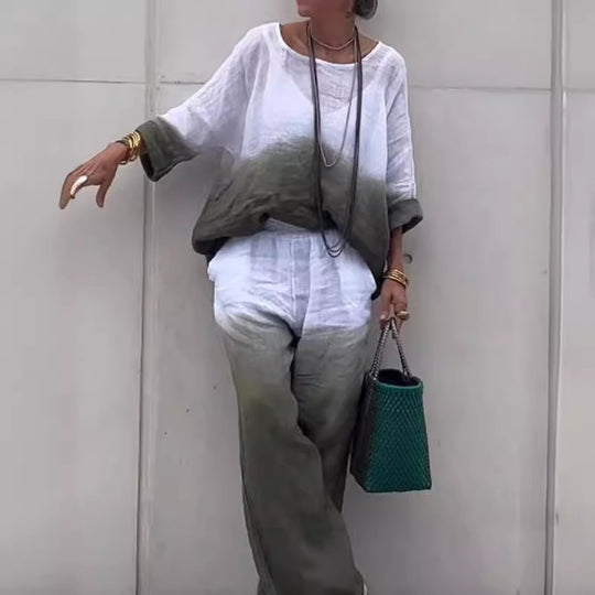 Damen lässiges Leinen-Outfit mit weiten Hosen und lockerer Bluse EB