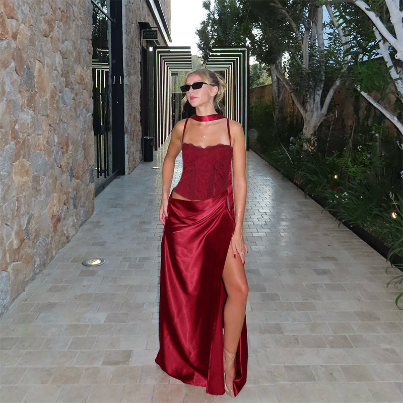 Damen elegantes Maxikleid mit Spitzenoberteil und fließendem Rock EB