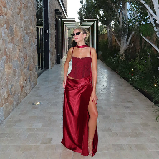 Damen elegantes Maxikleid mit Spitzenoberteil und fließendem Rock EB