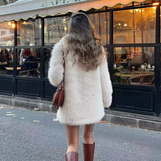 Damen Kunstfelljacke im klassischen Stil mit luxuriösem Kragen und praktischen Taschen EB