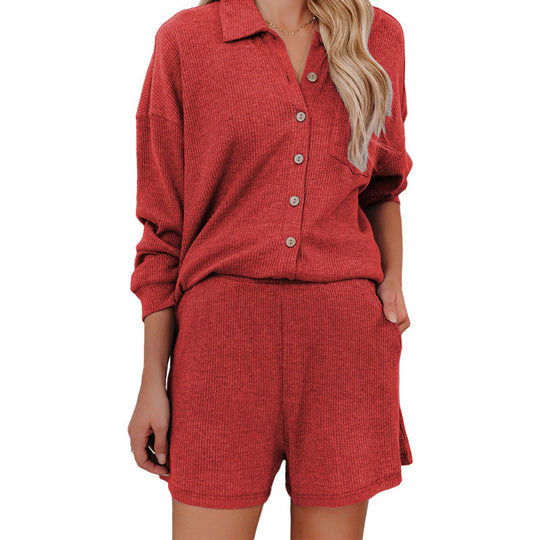 Damen Freizeitanzug mit lässiger Button-Down-Bluse und Shorts EB